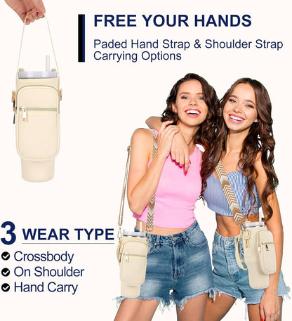 GOEWY Water Bottle Carrier Bag for Stanley 40/30 oz Tumbler with Phone Pocket Neoprene Water Bottle Holder with Shoulder & Handheld Strap Stanley Cup Accessories