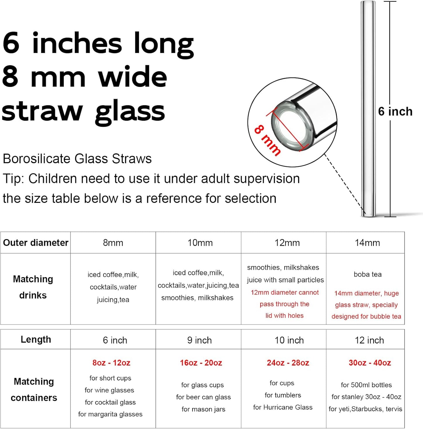 Reusable Glass Straws Shatter Resistant Clear, Skinny Glass Straw Bent Thin for 16 oz Cups Tumblers 9 inch 8mm