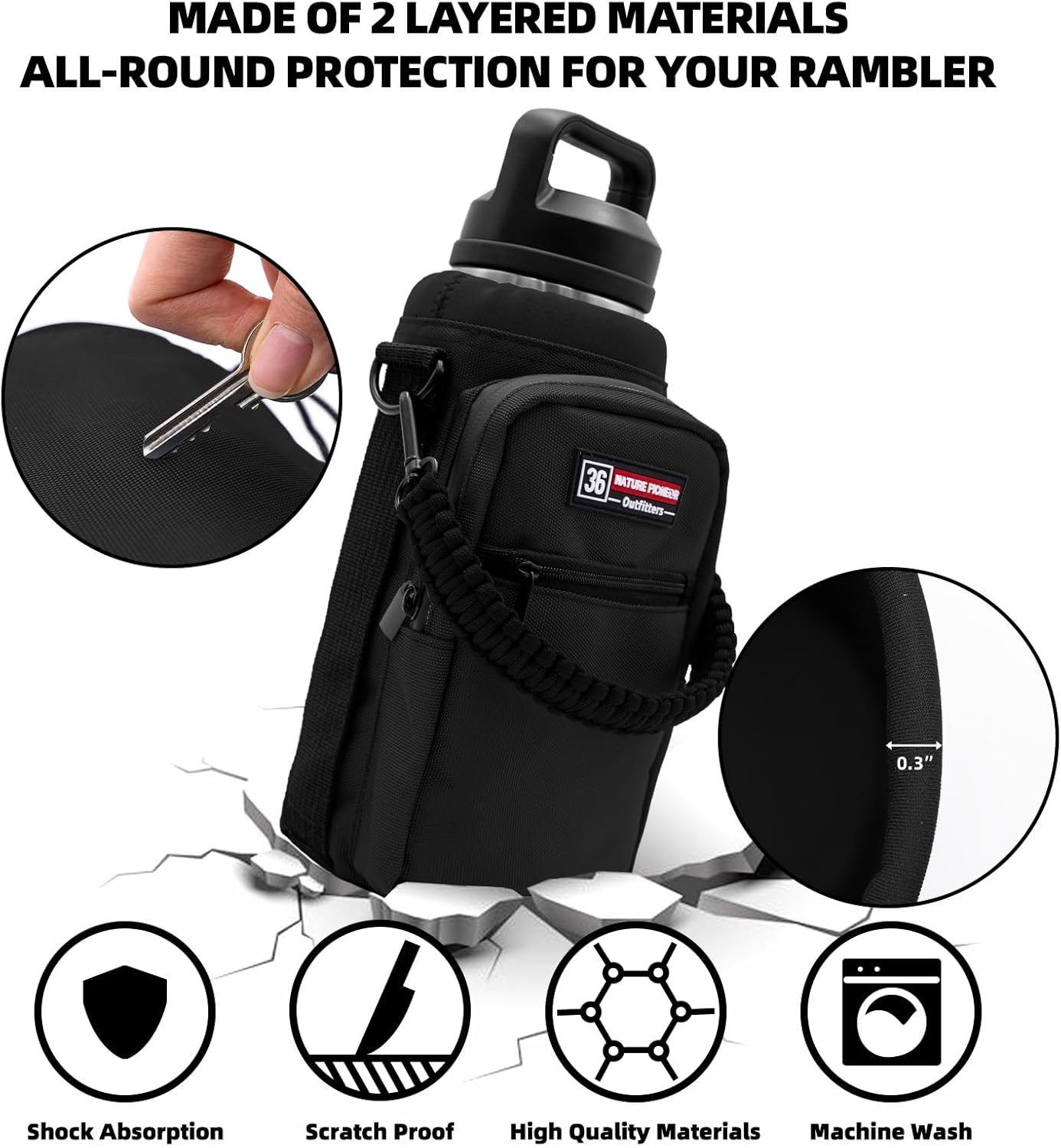 NATURE PIONEOR Water Bottle Holder with Adjustable Strap - 26/32/36/40/46/64oz Insulated Water Bottle Sling Carrier with Paracord Handle & 2 Pockets, Outdoor Sports, Hiking, Camping, Gym
