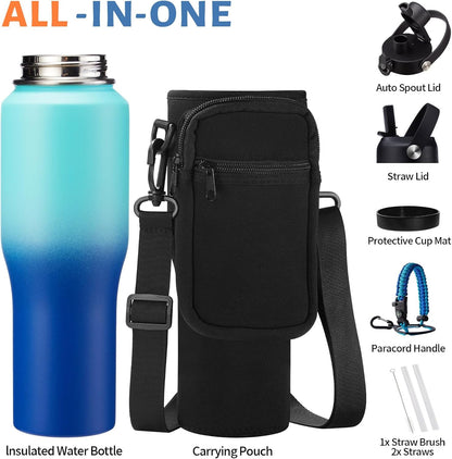 Insulated Water Bottle 40 oz - Fits in any Car Cup Holder, Keep Cold 48H Hot 24H, Stainless Steel Waterbottle Double Wall Flask with Straw, Pop-up Spout Lid, Paracord Handle, Carrier Bag
