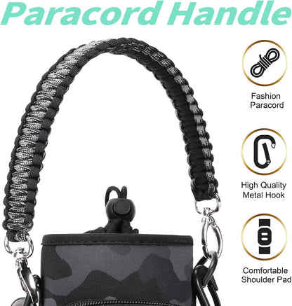 AceTreker 32/40/64/87/128 oz Water Bottle Carrier Bag, Neoprene Water Bottle Sleeve with 4 Pocket, Sport Water Holder with Paracord Handle and Shoulder Strap for Walking Hiking Camping Gym
