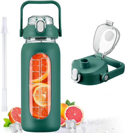 64oz Glass Water Bottles with Straw, Half Gallon Motivational Glass Bottle with Silicone Sleeve and Time Marker, 2L Leakproof Large Glass Water Jug for Gym Home Office,olive