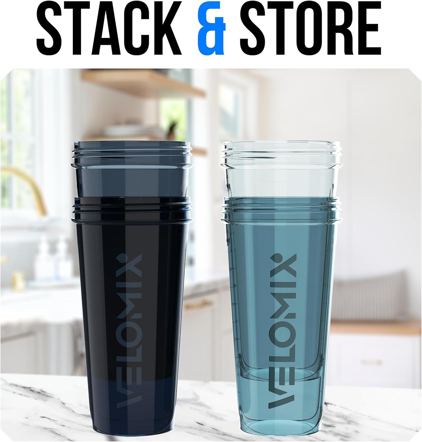 VELOMIX -4 PACK 28 Oz Protein Shaker Bottle for Protein Mixes - 4x Wire Whisk | Leak Proof Shaker Cups for Protein Shakes | Large, Stackable Protein Shaker Bottles Pack | Dishwasher Safe (Aqua Depths)