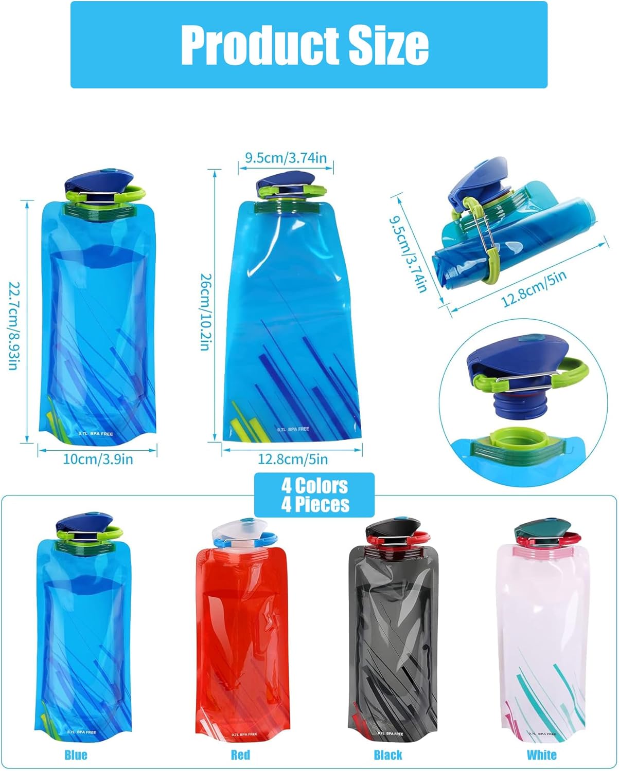 4 Pack Collapsible Water Bottle with Carabiner, 23oz Foldable Reusable BPA-Free Water Bottles with Leakproof Lid for Traveling Hiking Camping Biking