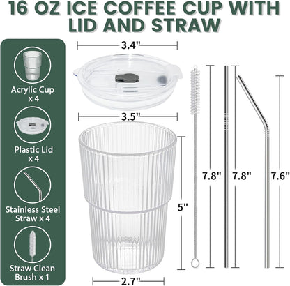 HIGIINC Iced Coffee Cups With Lids and Straws 4 Pcs, 16 OZ Unbreakable Glasses Drinking Set,Clear Plastic Cups Reusable Iced Coffee Tumbler with Lid and Straw, To Go Coffee Cups Dishwasher Safe