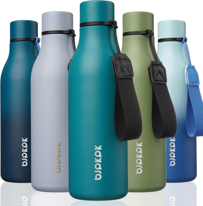 BJPKPK Insulated Water Bottles, 18 oz Stainless Steel Metal Water Bottle with Strap, BPA Free Leak Proof Jugs, Mugs, Flasks, Reusable Thermal Flasks for Sports & Travel, Black - Colors A