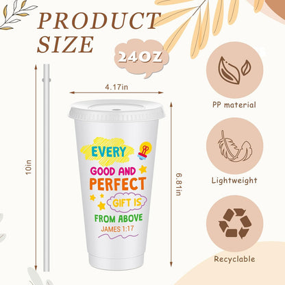 Uiifan 10 Pcs Christian Tumblers with Straws for Kids, Bible Verse Cups for VBS, Sunday School, Church Party Favors and Faith Gifts, Reusable Plastic Tumblers with Lids, 24 oz, White