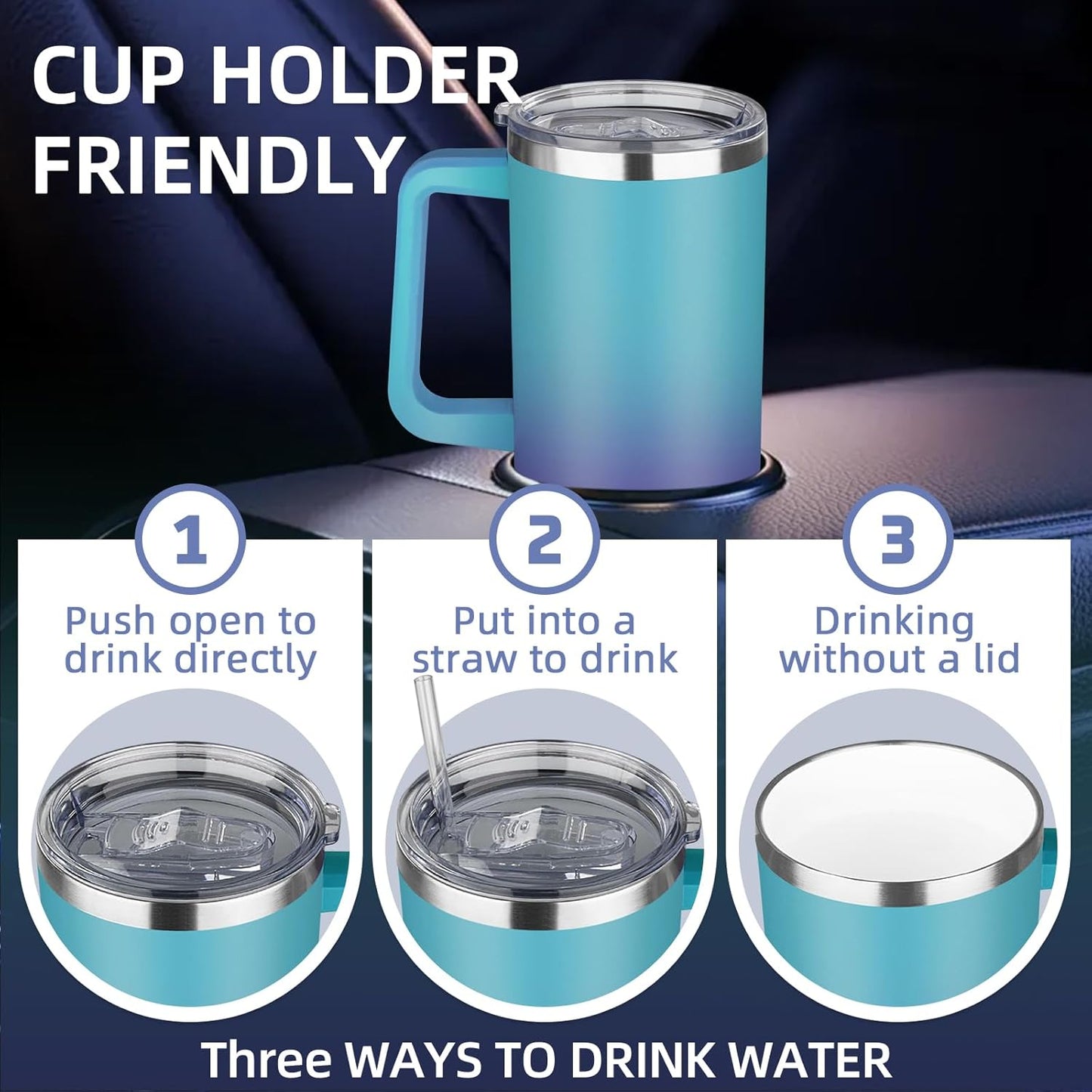 20 oz Insulated Coffee Mug with Ceramic Coating, Stainless Steel Travel Mug Tumbler with Handle Lid and Straw, Double Wall Leak-Proof Coffee Travel Mug Keeps Drink Hot and Cold (Black)