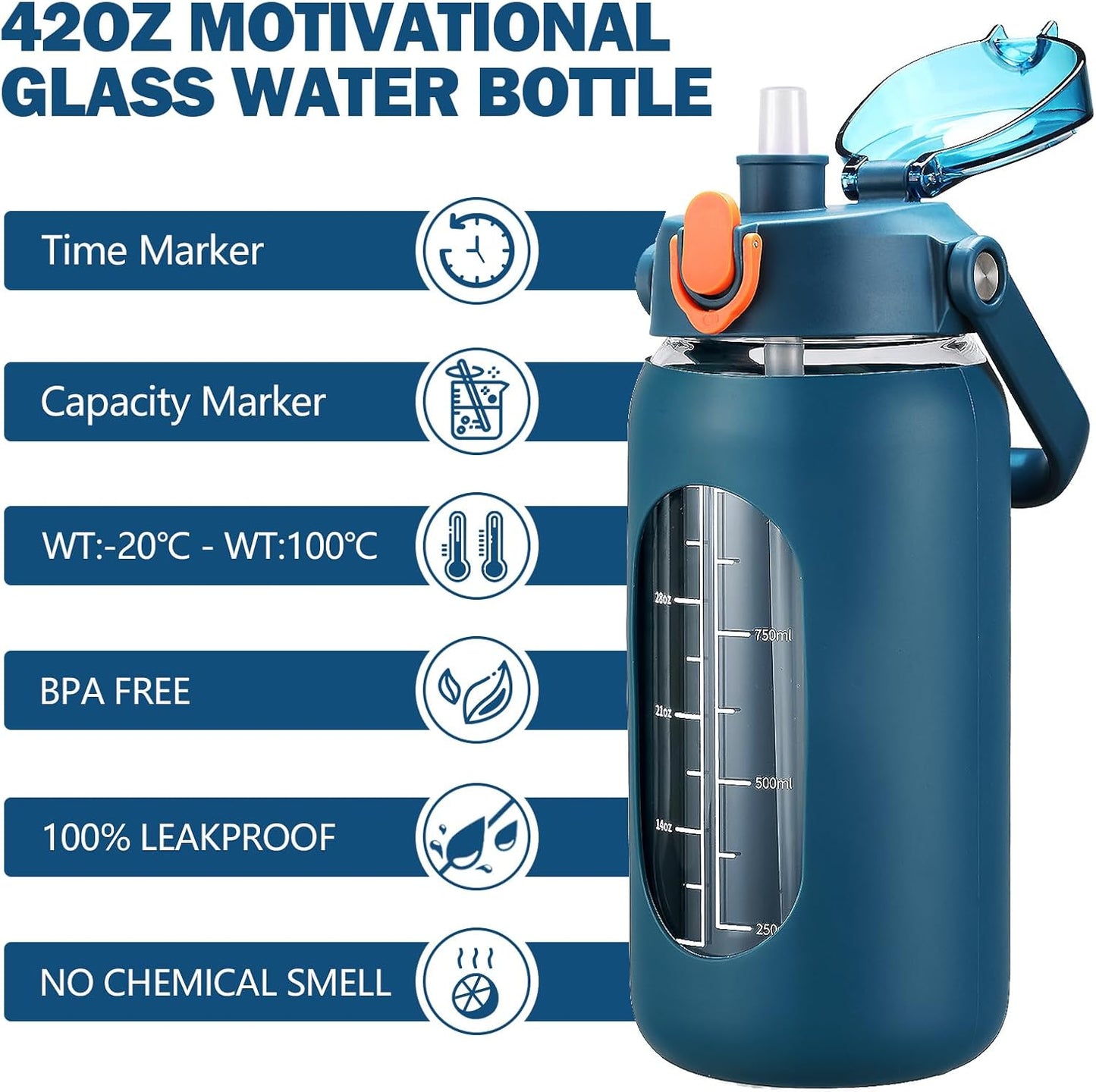 64oz Glass Water Bottles with Straw, Half Gallon Motivational Glass Bottle with Silicone Sleeve and Time Marker, 2L Leakproof Large Glass Water Jug for Gym Home Office,olive