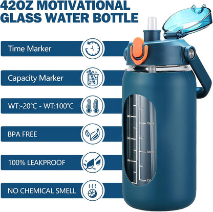 64oz Glass Water Bottles with Straw, Half Gallon Motivational Glass Bottle with Silicone Sleeve and Time Marker, 2L Leakproof Large Glass Water Jug for Gym Home Office,olive