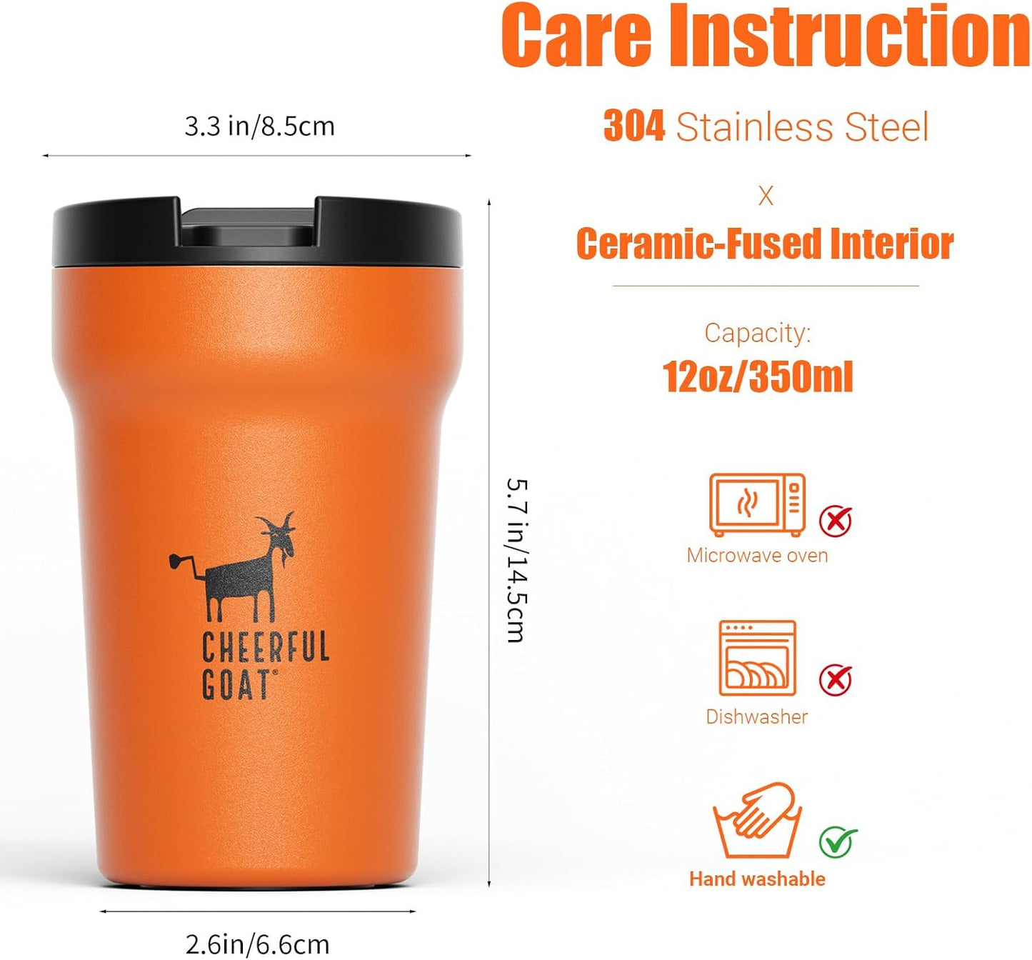 CHEERFUL GOAT Insulated Coffee Mug – Stainless Steel Travel Coffee Tumbler with Ceramic Liner, 12oz Coffee Cup for Hot and Cold Water Coffee at Home, Office, or On the Go (orange)