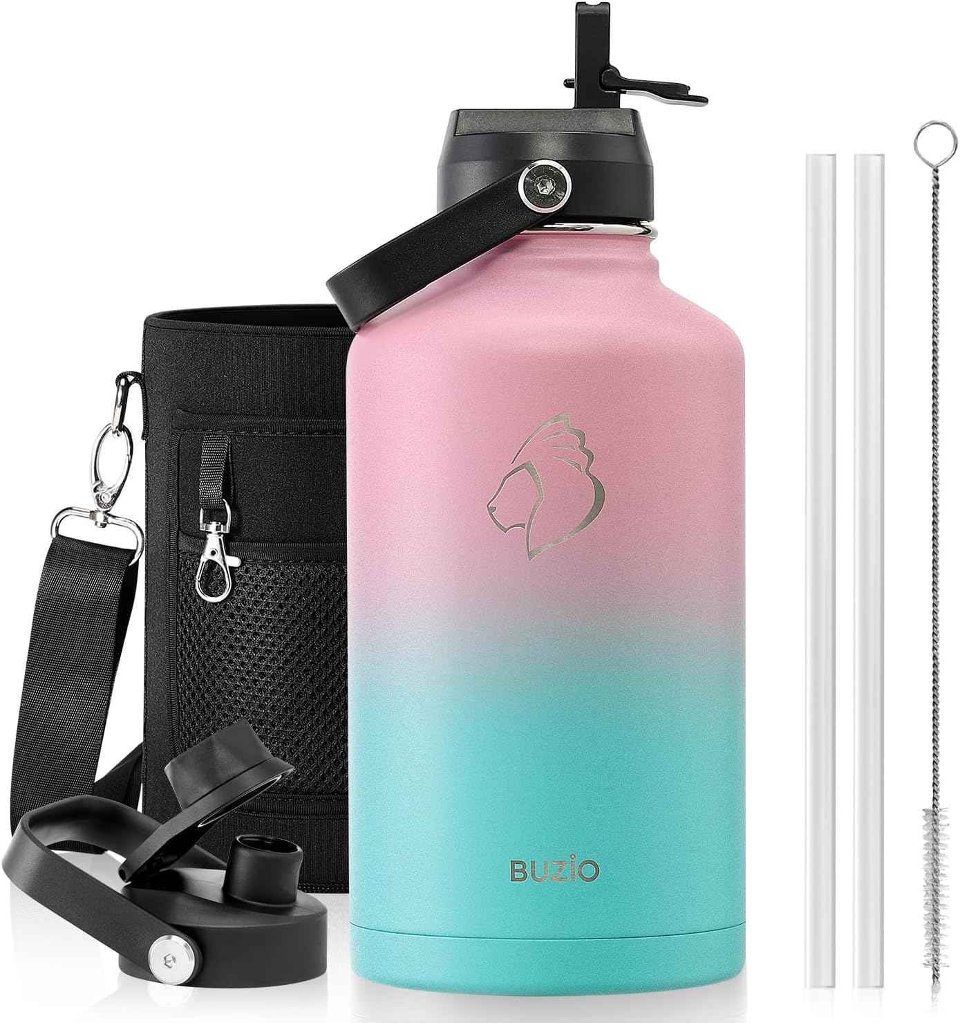 BUZIO 40oz Insulated Water Bottle, Triple Wall Vacuum Stainless Steel Water Flask with 2 lids, Lead-Free BPA-Free Straw Lid Sports Canteen Jug, Cold 48H & Hot 24H- Black - Colors B