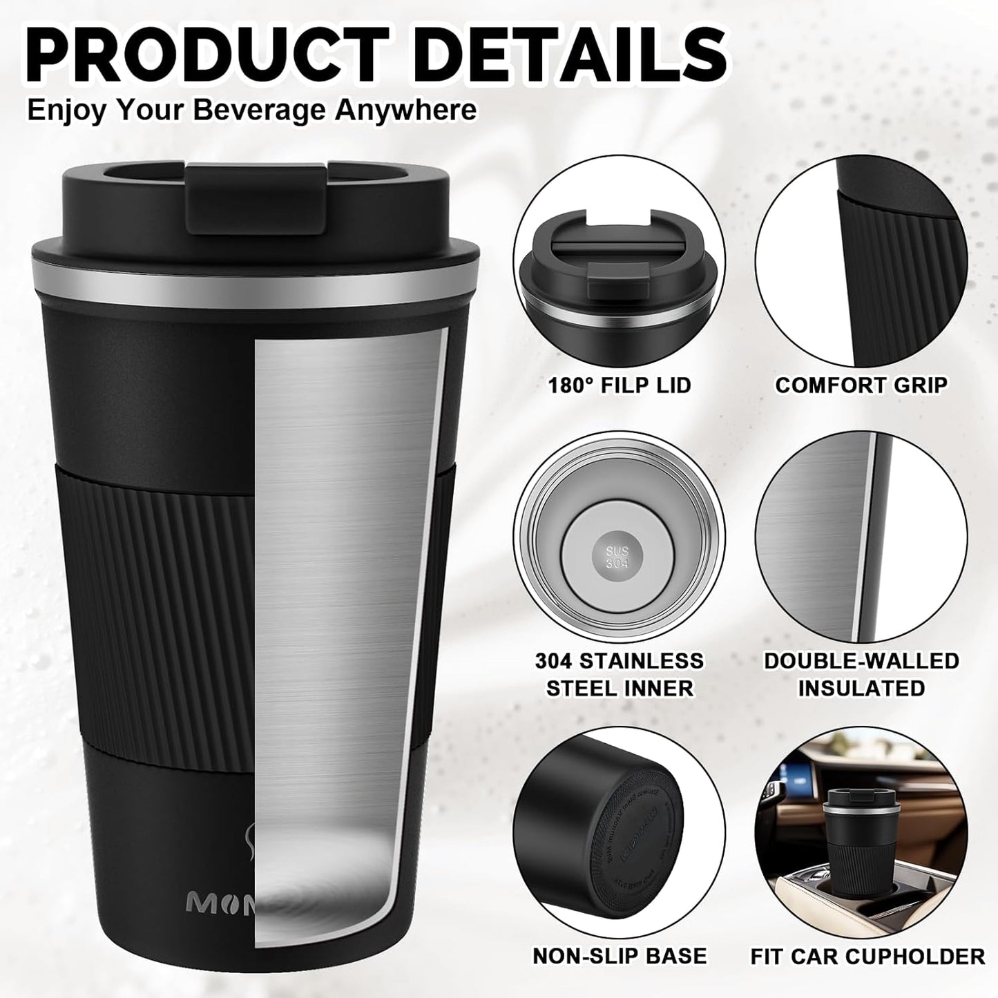 MOMSIV 12oz Travel Mug, Insulated Coffee Cup with Leakproof Lid, Travel Coffee Mug Vacuum Stainless Steel Double Walled Reusable Coffee Cup for Hot and Cold Water Coffee