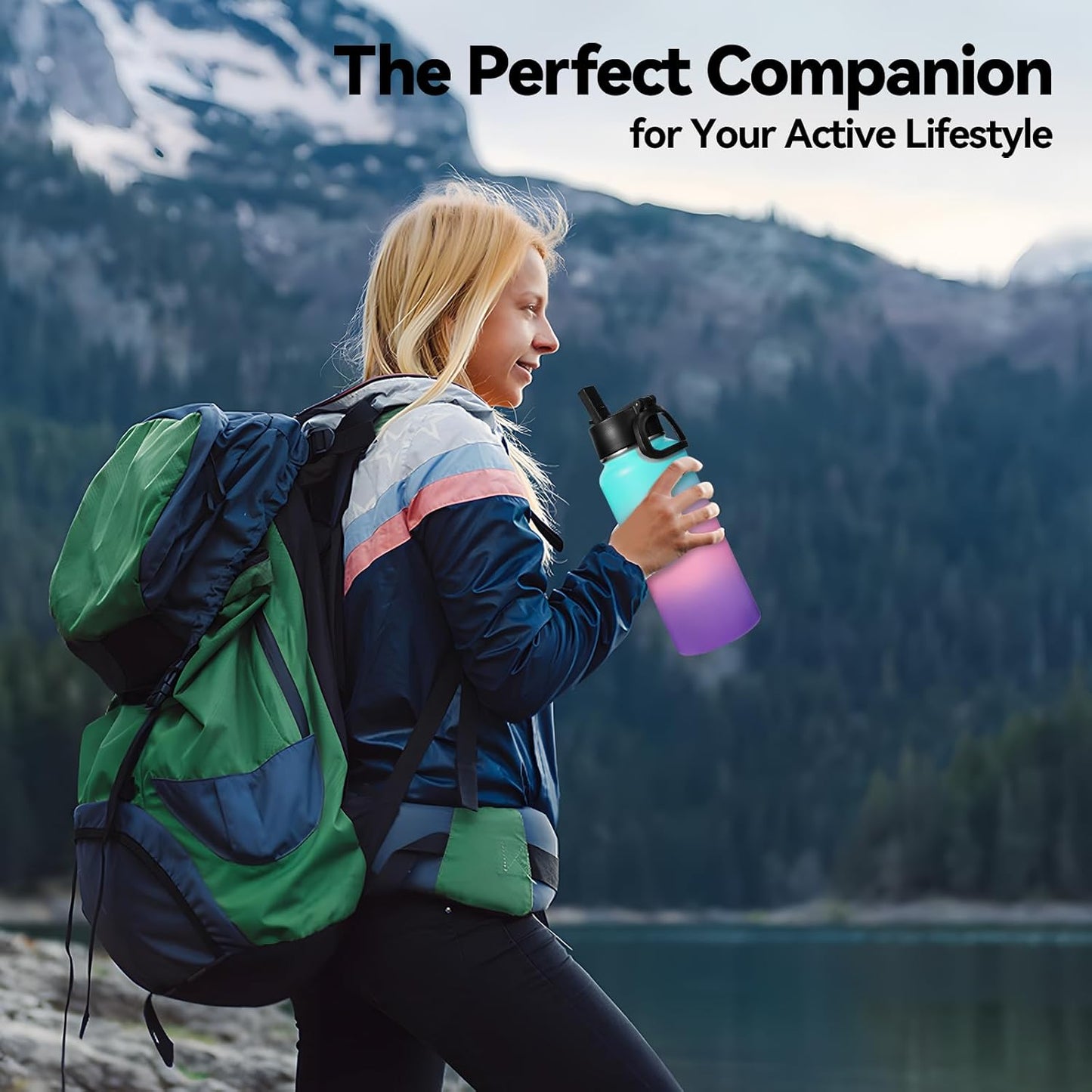 Neihepal 32 oz Insulated Water Bottle with 2 Lids (Straw & Spout Lid), 18/8 Stainless Steel Double Wall Water Bottles for Gym, Travel, Camping, Sports (Silver,1 Pack)