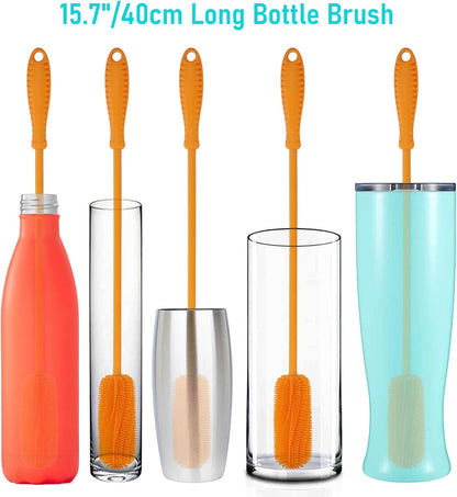 Silicone Bottle Cleaning Brush with Long Handle, 12.5" Water Bottle Cleaner for Baby Bottles, Hydro Flask, Sports Bottle, Vase, Glassware, Perfect for Smaller Diameter Bottle Openings (One Pack)