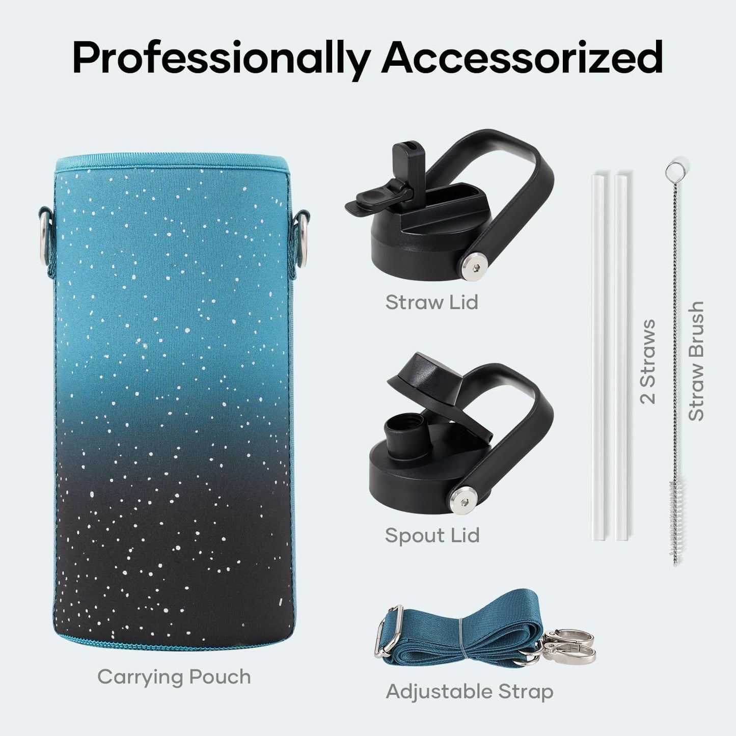 BUZIO 40oz Insulated Water Bottle, Triple Wall Vacuum Stainless Steel Water Flask with 2 lids, Lead-Free BPA-Free Straw Lid Sports Canteen Jug, Cold 48H & Hot 24H- Black - Colors A