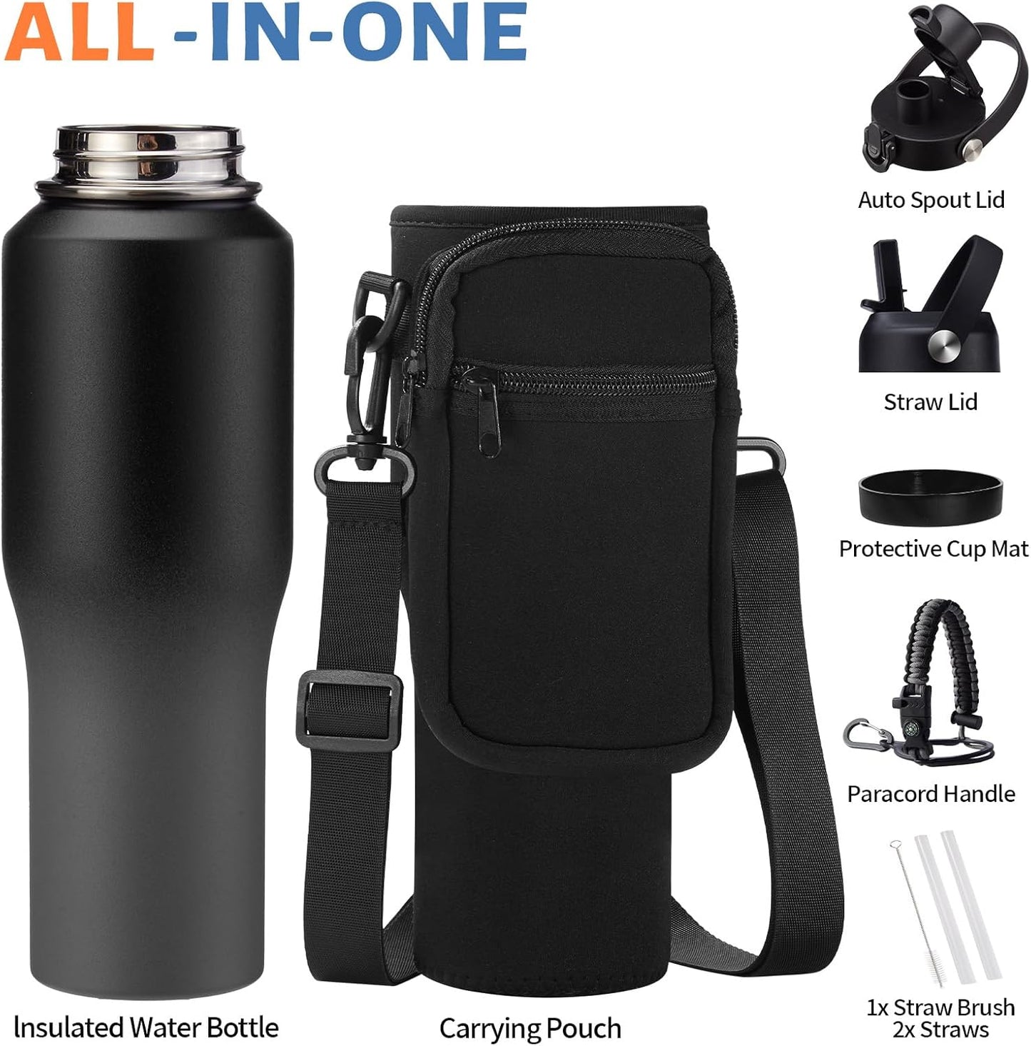 Insulated Water Bottle 40 oz - Fits in any Car Cup Holder, Keep Cold 48H Hot 24H, Stainless Steel Waterbottle Double Wall Flask with Straw, Pop-up Spout Lid, Paracord Handle, Carrier Bag