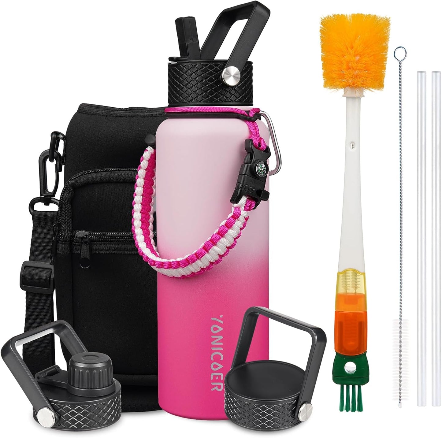 Insulated Water Bottle 40oz,Triple Wall Vacuum Stainless Steel(Dishwasher Safe),Leak Proof & Non-BPA,Flask Jug with Paracord Handle & Straw Spout Lids Sports Cherry Blossom