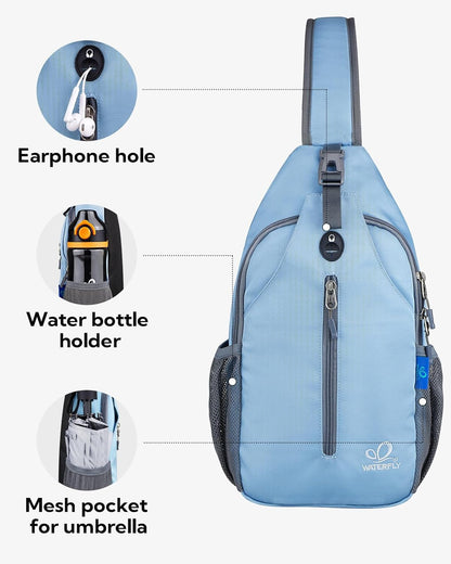 WATERFLY Crossbody Sling Backpack Sling Bag Travel Hiking Chest Bag Daypack (Black)