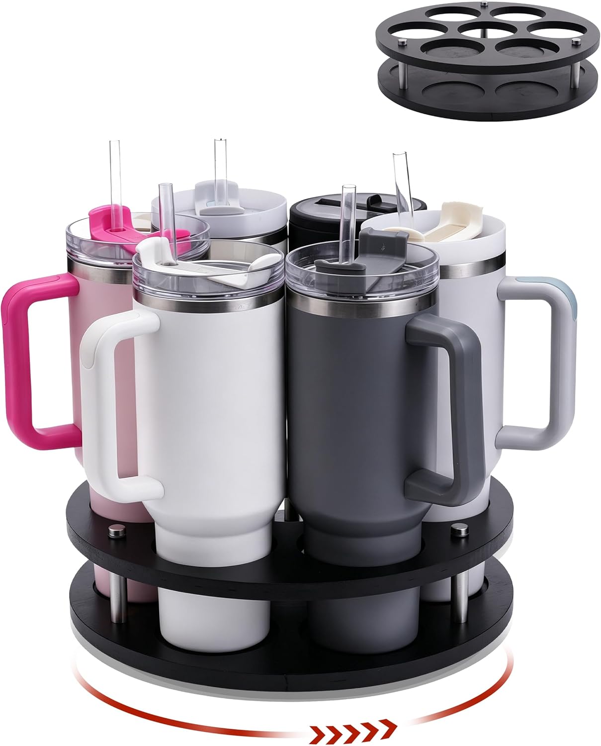 Rotating Wood Tumbler Organizer, 30 oz 40 oz Spinning Turnable Tumblers Holder, 360° Rotatable 7 Large Cups Bottle Tumbler Storage Display Stand, Rotate Syrup Organizer for Cabinet Countertop