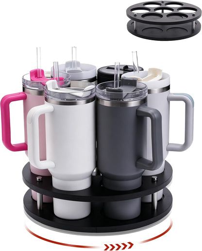 Rotating Wood Tumbler Organizer, 30 oz 40 oz Spinning Turnable Tumblers Holder, 360° Rotatable 7 Large Cups Bottle Tumbler Storage Display Stand, Rotate Syrup Organizer for Cabinet Countertop