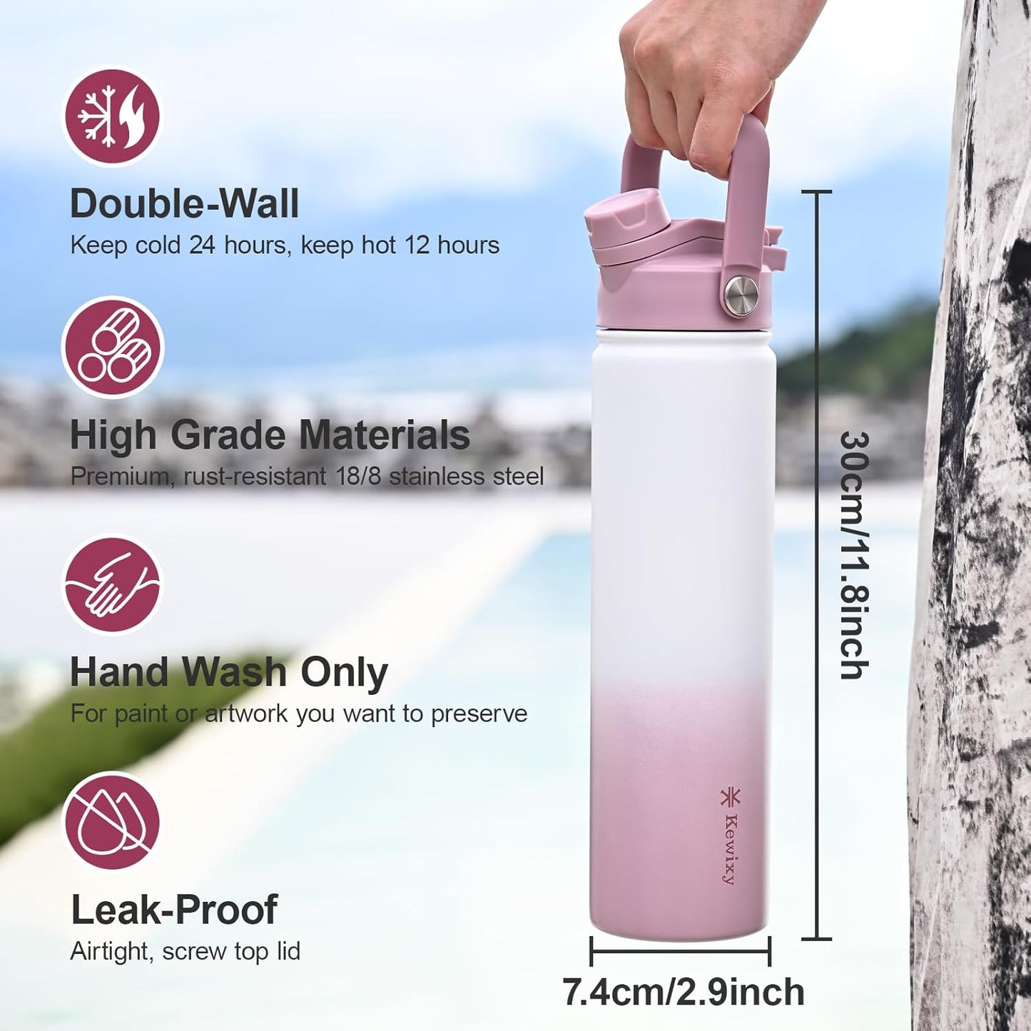 KEWIXY 32 oz Insulated Water Bottle, 2-in-1 Lid, Straw & Spout with Protected, Leak Proof, Keep Cold, Stainless Steel, Metal, Reusable, Handle, for Outdoor, Gym and School, 2 Lids, Blush Pink