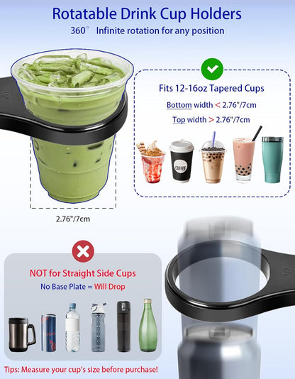 Car Cup Holder Tray - 4 in 1 Adjustable Car Cup Holder Expander with Food Tray Table and Phone Mount 360° Swivel for All Purpose, Automotive Essentials for Driver and Front Passenger
