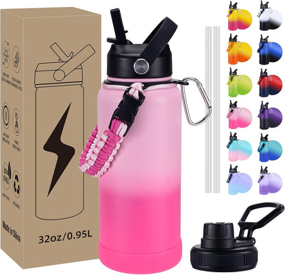 Insulated Water Bottle, 32 oz Stainless Steel Wide Mouth Water Bottles with 2 Leak Proof Lid and Paracord Handle, Double Wall Vacuum Insulated Sports Water Bottle, Purple Black