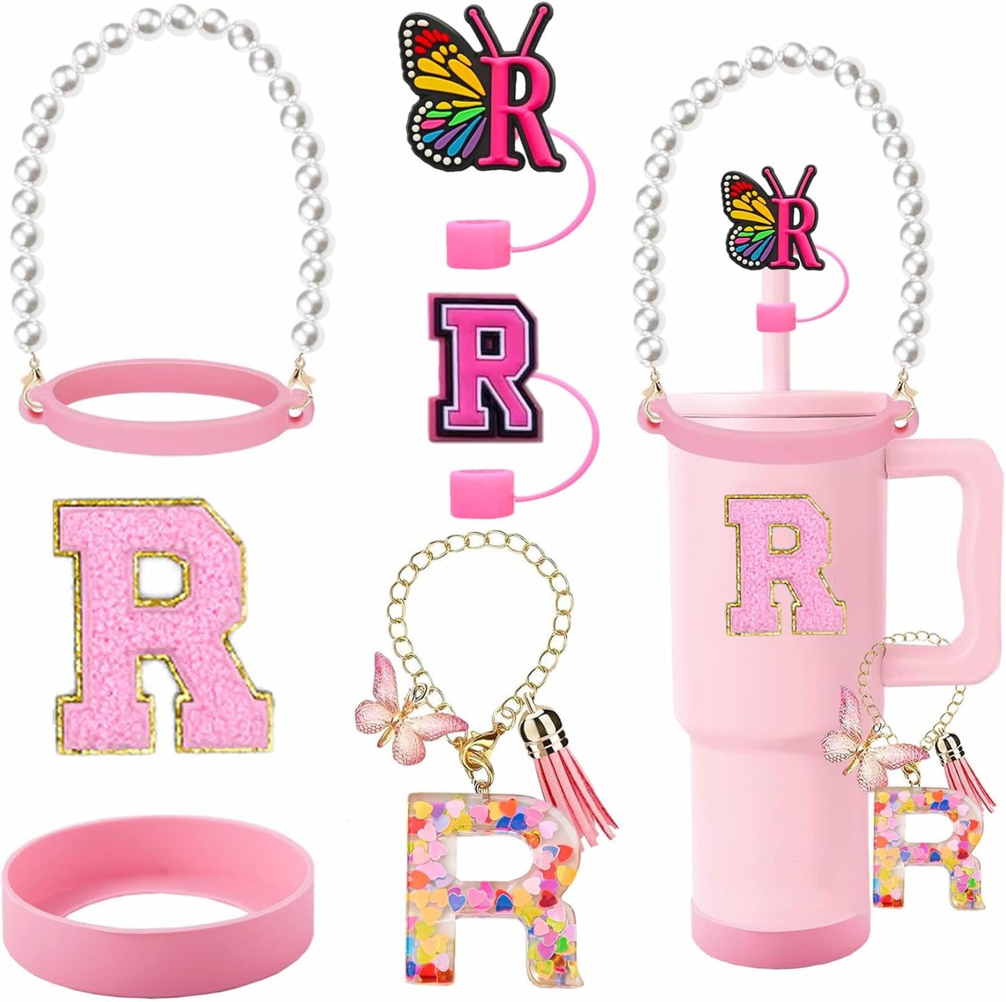 7pcs Cup Accessories for Stanley 30/40oz Tumbler, Handle Strap, Straw Cover, Silicone Boot, Letter Charm Stickers