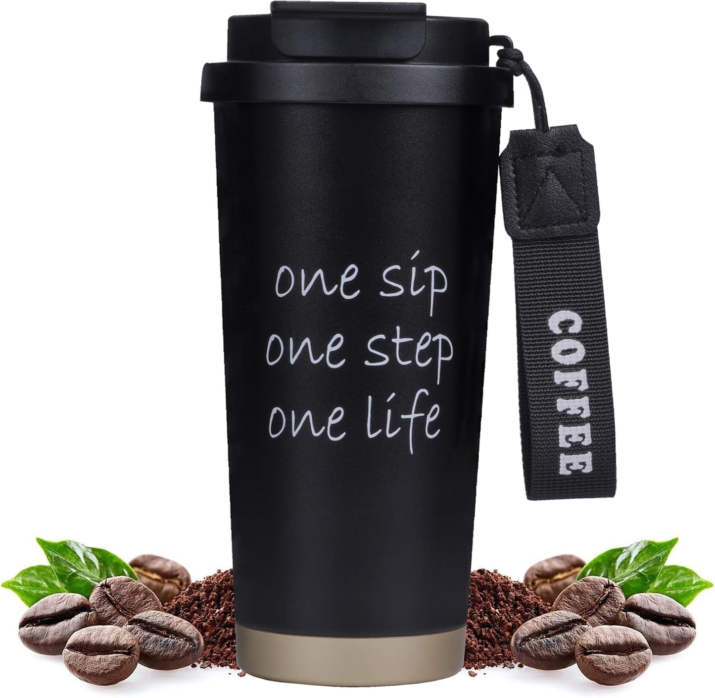 Insulated Coffee Mug with Ceramic Coating, 18 oz Ceramic Lined Travel Coffee Mug with Leakproof Lid, Double Wall Stainless Steel Hot ＆ Cold Drinking Cup for Office Camping Travel, White