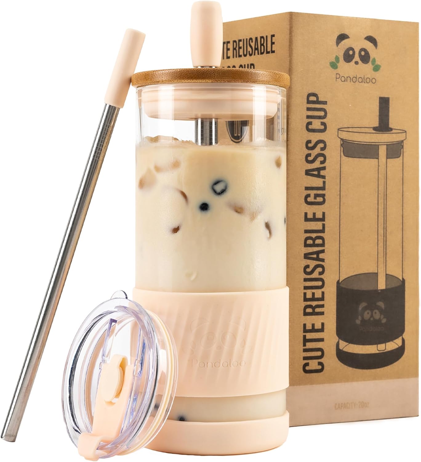 Pandaloo® Glass Cups With Lids and Straws -20 Fl Oz- Perfect Size Iced Coffee Cup - Smoothie Cup With Bamboo Lid and On the go Lid - Glass Tumbler With Straw (1 Count (Pack of 1), Lilac Rhapsody)