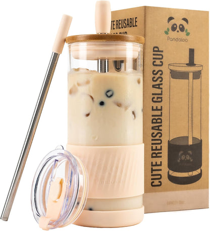 Pandaloo® Glass Cups With Lids and Straws -20 Fl Oz- Perfect Size Iced Coffee Cup - Smoothie Cup With Bamboo Lid and On the go Lid - Glass Tumbler With Straw (1 Count (Pack of 1), Lilac Rhapsody)