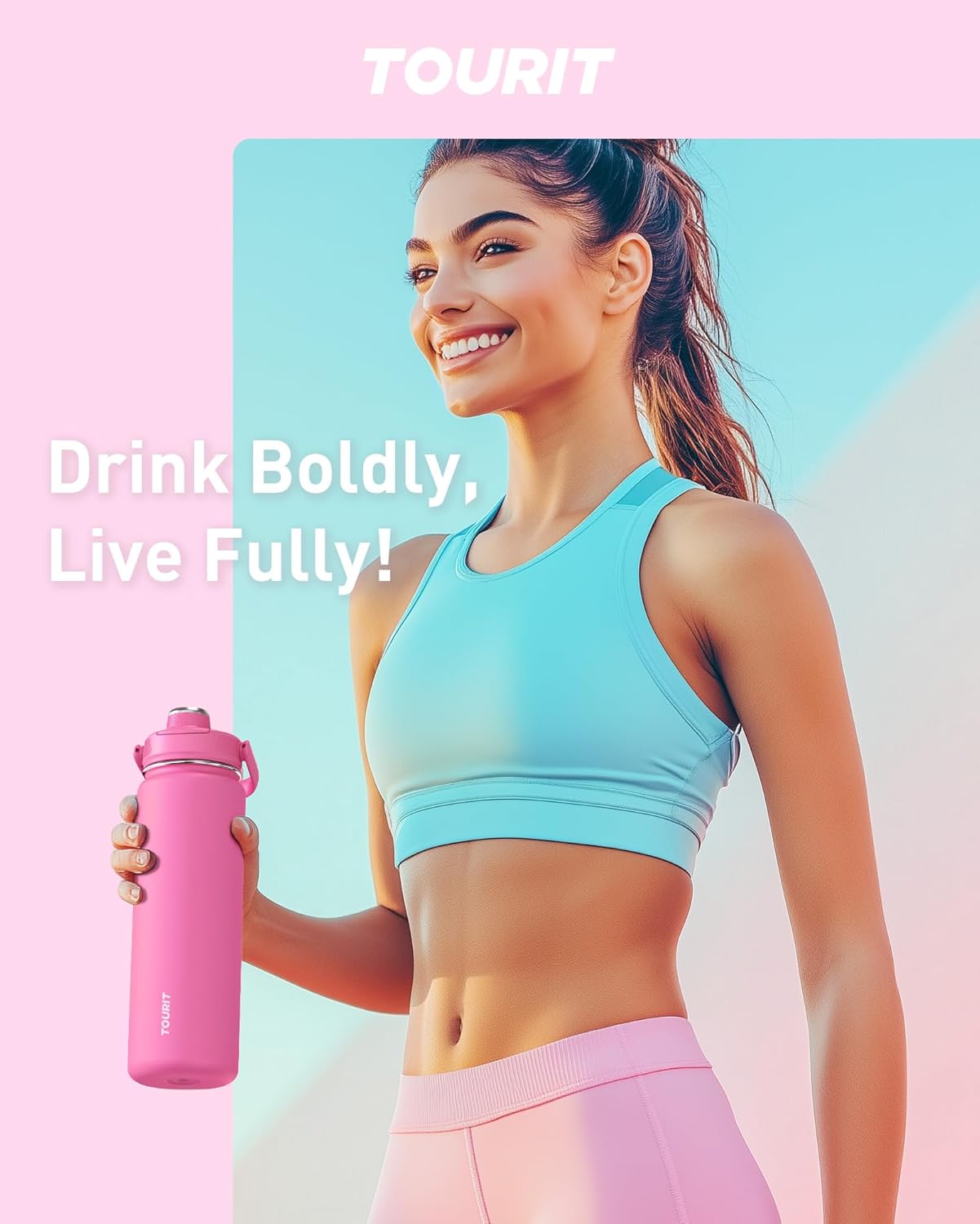 TOURIT 32 oz Insulated Water Bottle, Stainless Steel Sports Water Bottles With Top Handle, Double-Wall Travel Thermal Water Flask, BPA Free Leakproof Water Bottle for Sports and Travel,Pink