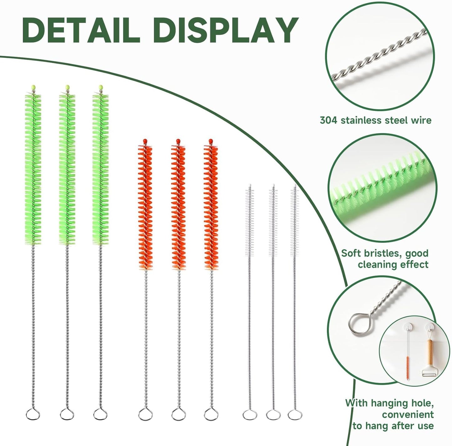 9PCS Reusable Long Colored Straw Cleaner Brush Set 12" Bendable,Capable of Cleaning Various Metal, Silicone, Plastic, Bamboo,Glass Straws Tubes Diameters Ranging from 4-16mm