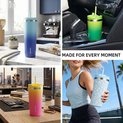 BJPKPK 4 Pack Tumbler with Lid and Straw,30oz Insulated Tumblers Bulk Reusable Travel Coffee Mug, Dishwasher Safe Double Wall Vacuum Insulated Cup Gift for Men Women,Light Blue Leopard