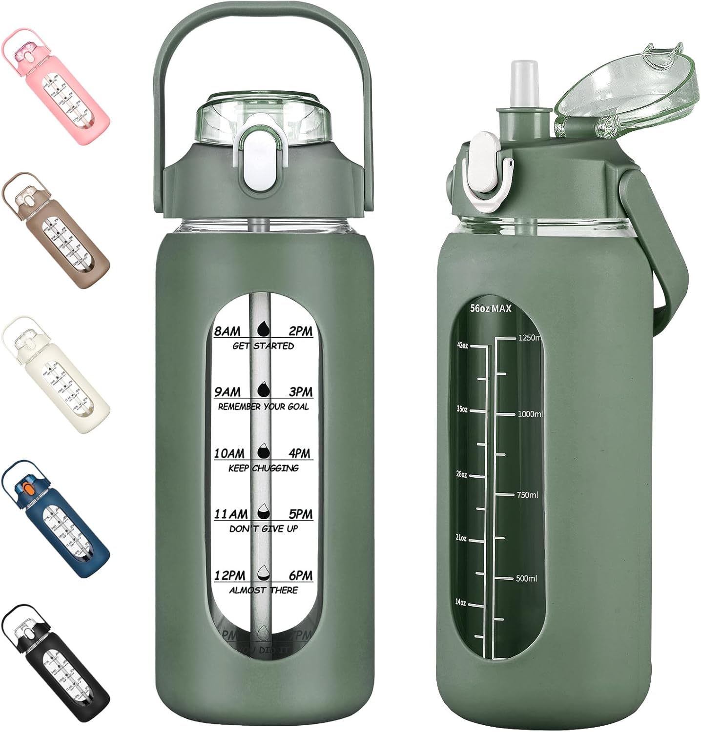 64oz Glass Water Bottles with Straw, Half Gallon Motivational Glass Bottle with Silicone Sleeve and Time Marker, 2L Leakproof Large Glass Water Jug for Gym Home Office,olive