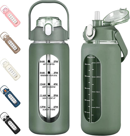 64oz Glass Water Bottles with Straw, Half Gallon Motivational Glass Bottle with Silicone Sleeve and Time Marker, 2L Leakproof Large Glass Water Jug for Gym Home Office,olive