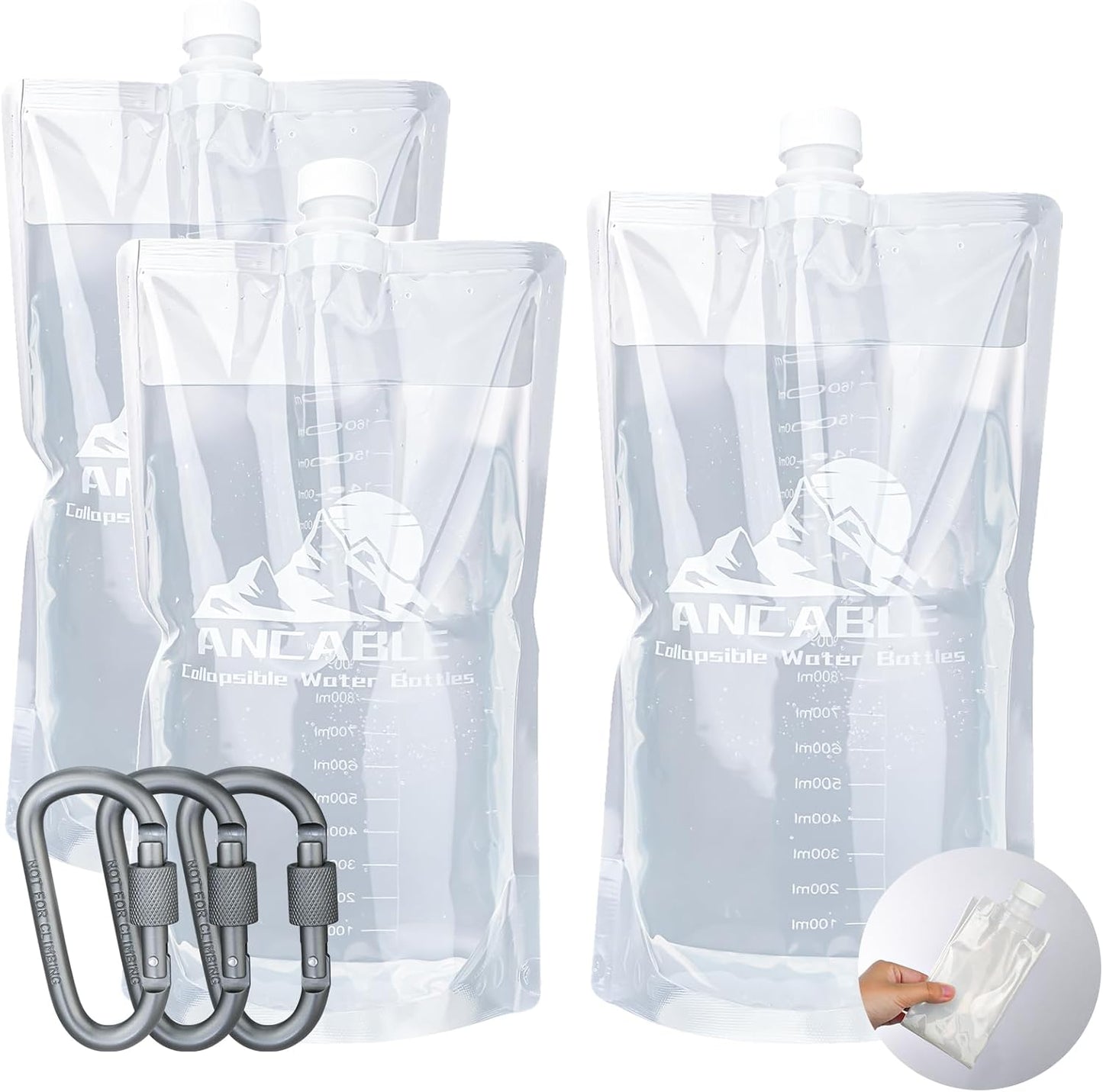 Ancable 33oz (1L) Collapsible Water Bottles, 3-Pack Reusable Travel Foldable Water Bottles for Hiking Camping Running Bike, BPA-Free Water Bottle