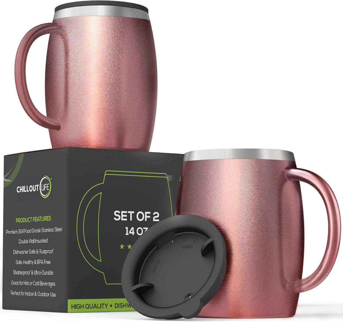 CHILLOUT LIFE Stainless Steel Insulated Coffee Mugs Set of 2 (14oz) – Double Wall Coffee Cups with Spill Resistant Lid & Strong Handle, Shatterproof Cups for Cold Drinks and Hot Beverages