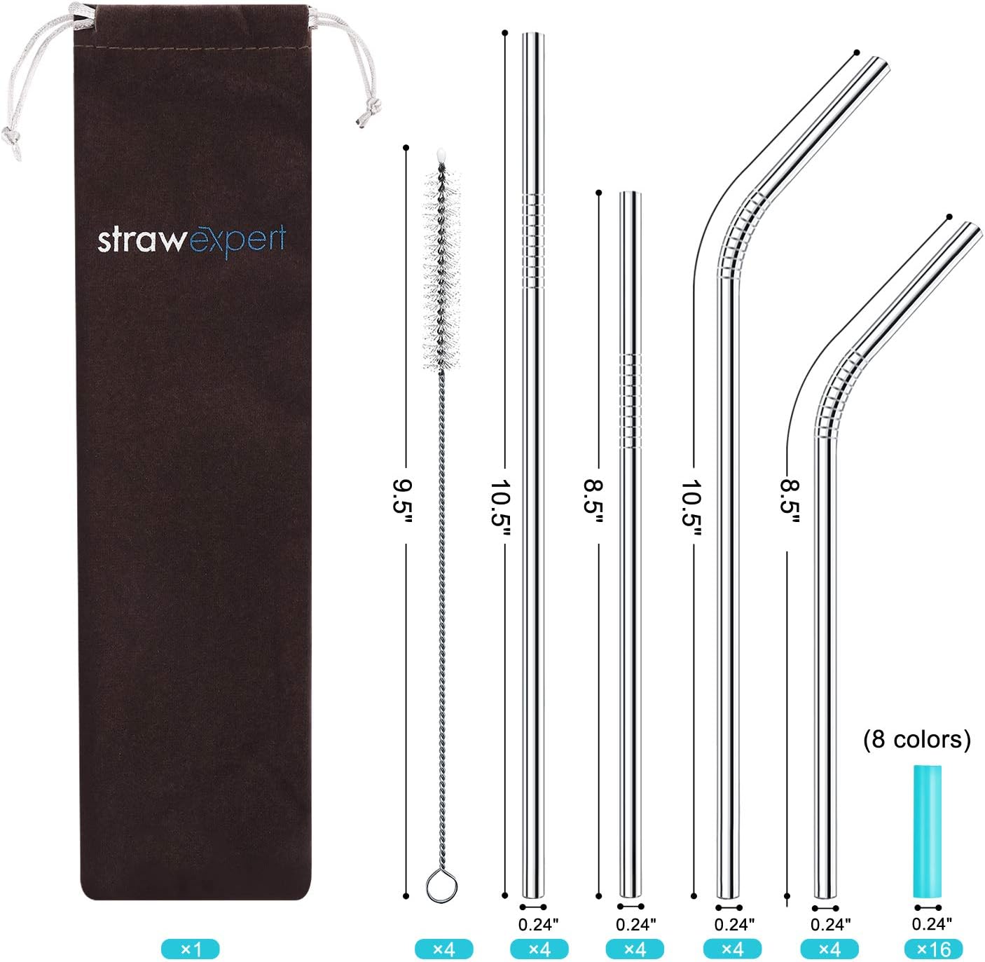 StrawExpert Set of 16 Reusable Stainless Steel Straws with Travel Case Cleaning Brush Silicone Tips Eco Friendly Extra Long Metal Straws Drinking for 20 24 30 oz Tumbler, Silver