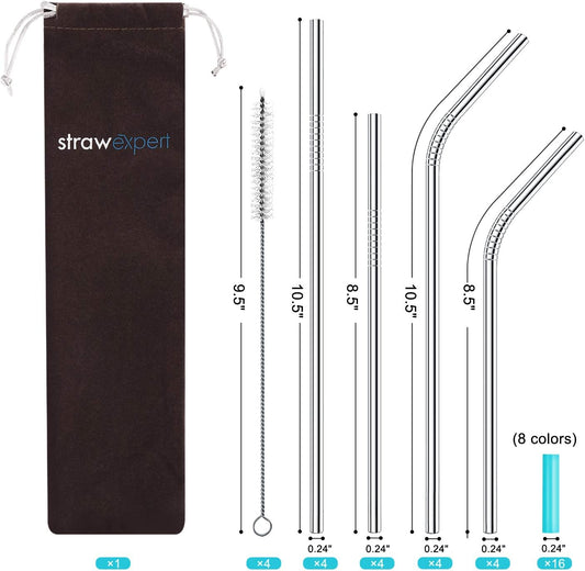 StrawExpert Set of 16 Reusable Stainless Steel Straws with Travel Case Cleaning Brush Silicone Tips Eco Friendly Extra Long Metal Straws Drinking for 20 24 30 oz Tumbler, Silver