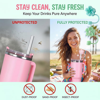 BTYHAOS Silicone Straw Caps for 10mm Tumblers | Reusable Dust-Proof Straw Toppers Compatible with Stanley 30oz & 40oz Tumblers (Purple Flower 3pc)