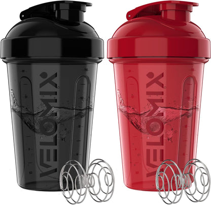 VELOMIX -2 Pack- 20 oz Protein Shaker Bottles for Protein Mixes - 2x Wire Whisk | Leak Proof Shaker Cups for Protein Shakes and Pre Workout | Protein Shaker Bottle Pack (Black/Transparent)