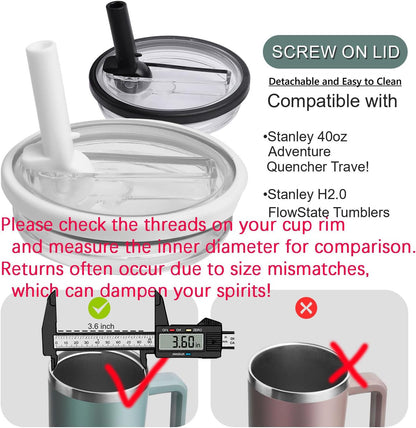 2-Pack Replacement Lids for Stanley Cup 40 oz Quencher with Straw, Spill Proof and Leak Resistant Tumbler Lids, BPA-Free Detachable Covers Compatible with Stanley H2.0, White + Black