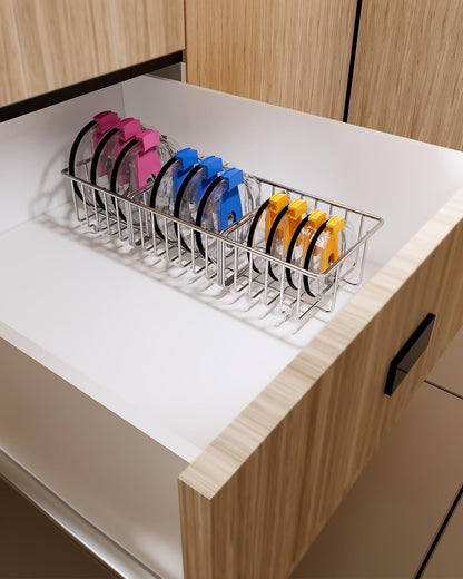 YQh tumbler lid organizer, Stainless Steel Kitchen Container Cover Holder, Cup Lid Organizer, Inner Tumbler Lid Storage Rack in Drawer, 3 Compartments, 304 Stainless Steel, Durable Non-Rusting