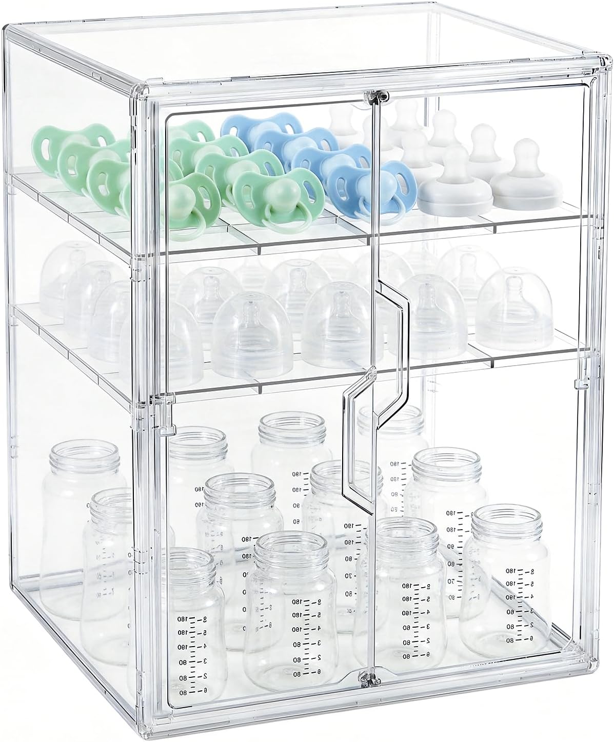 ERTIUANIO Baby Bottle Organizer – 3 Tier Bottle Storage Organizer Baby for Nipples, Pump Parts, Food Jars – Clear Acrylic Bottle Station Organizer for Countertop and Kitchen, Gifts for New Mom