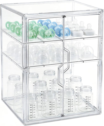 ERTIUANIO Baby Bottle Organizer – 3 Tier Bottle Storage Organizer Baby for Nipples, Pump Parts, Food Jars – Clear Acrylic Bottle Station Organizer for Countertop and Kitchen, Gifts for New Mom