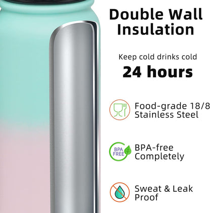 Fanhaw 20 oz Insulated Stainless Steel Water Bottle with Anti-Dust Chug Lid, Leakproof Vacuum Metal Everyday Use Bottle for Kids, Teens & Adults, Back to School Essentials (Green Blue)