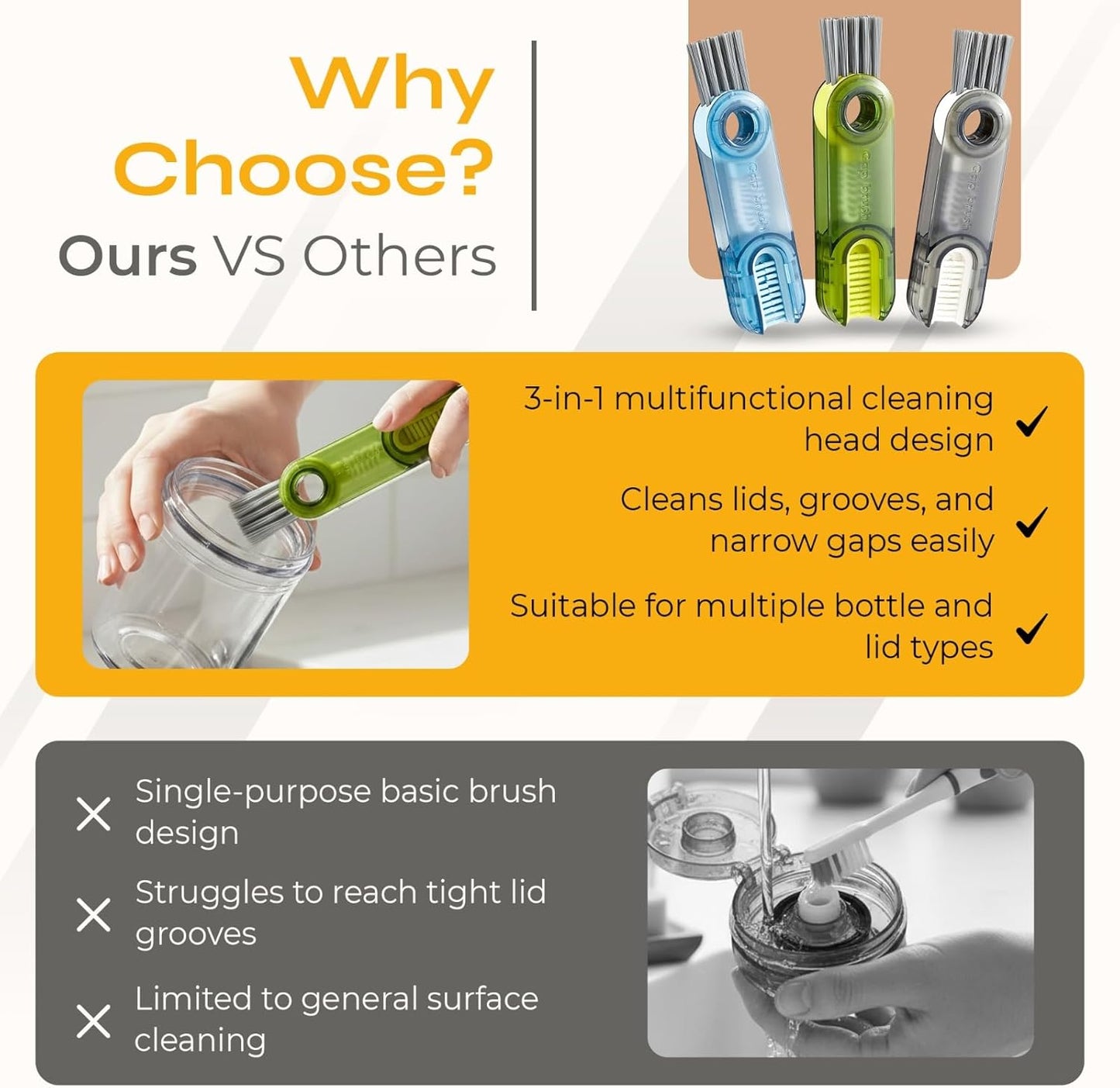 Multifunctional 3-in-1 Cleaning Brush for Cups, Bottles & Keyboards – Portable Glass & Lid Gap Cleaner for AirPods, Hard-to-Reach Corners – ABS & Silicone Compact Design (Blue/Dark Grey/Green).