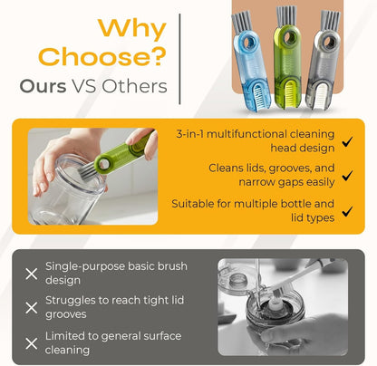 Multifunctional 3-in-1 Cleaning Brush for Cups, Bottles & Keyboards – Portable Glass & Lid Gap Cleaner for AirPods, Hard-to-Reach Corners – ABS & Silicone Compact Design (Blue/Dark Grey/Green).